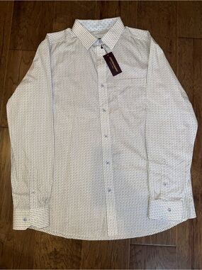 New Johnston & Murphy White Dress Shirt with Blue Micro-Print